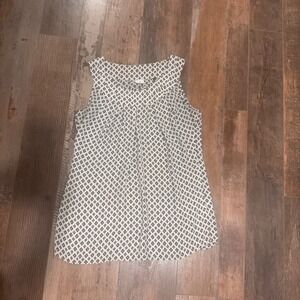 Cabi Sleeveless V-Neck Geometric Diamond Print Pleated Blouse Cream Blue Large